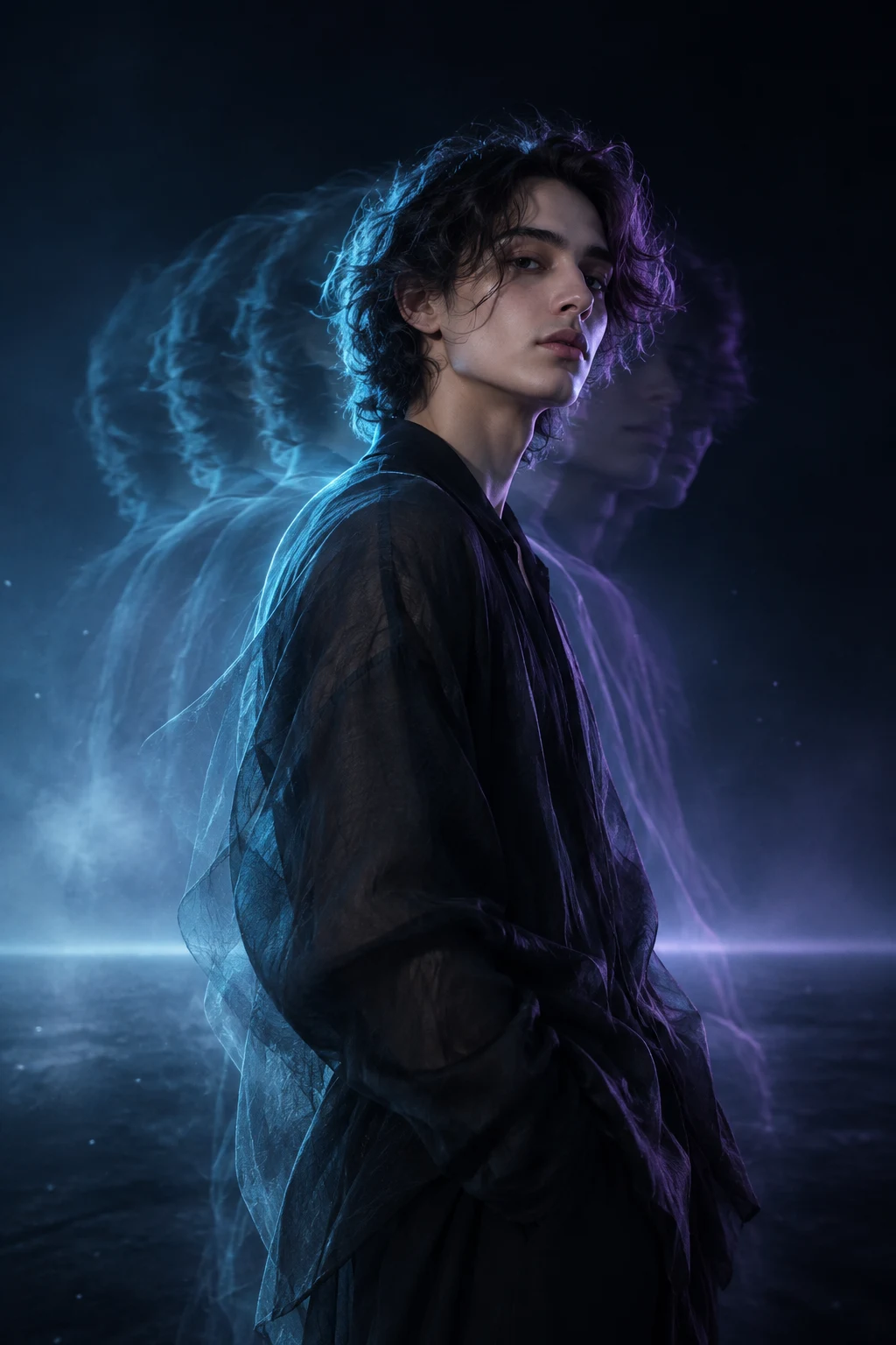 Portrait with flowing cyan and violet motion echoes