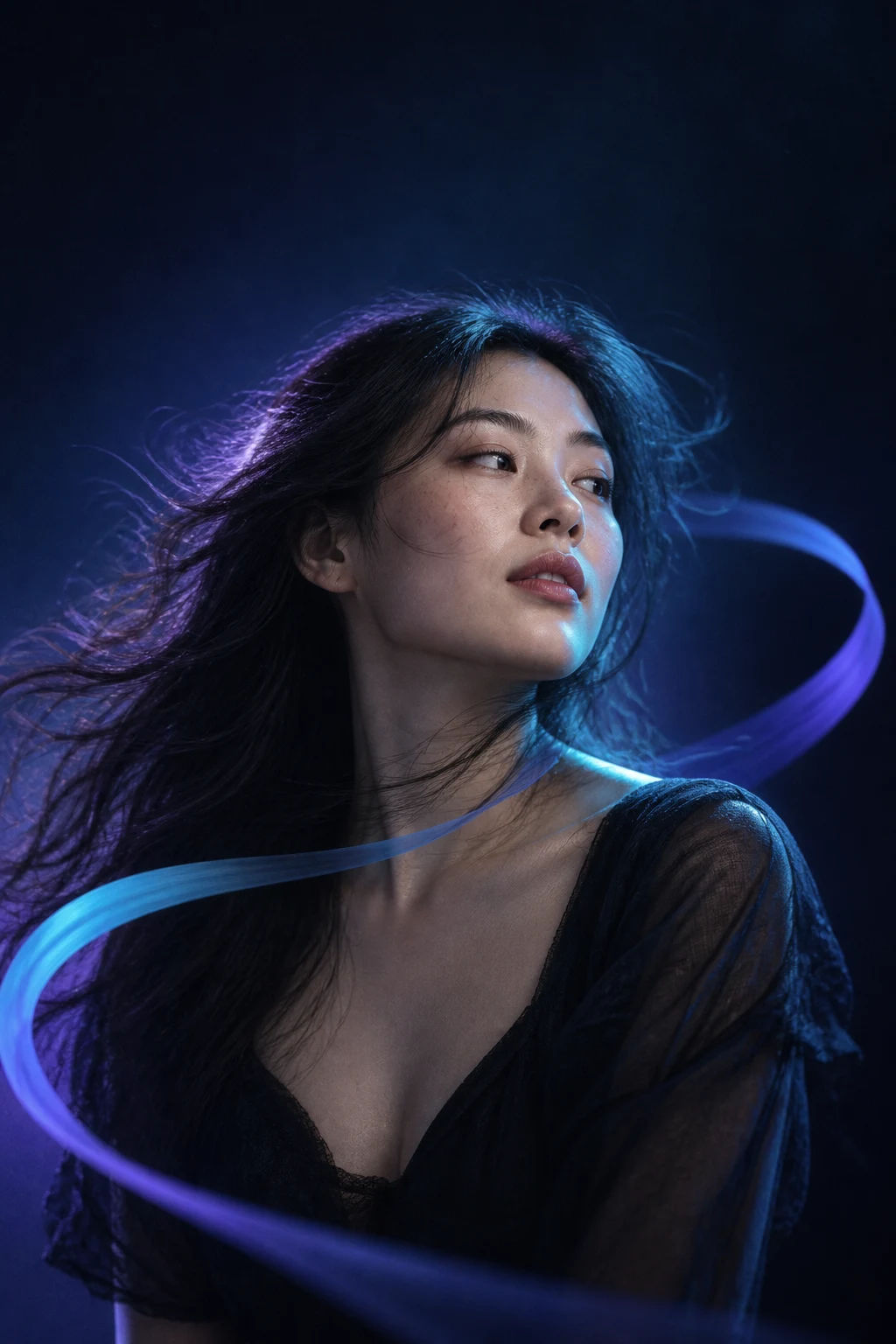 Cinematic portrait shaped by a ribbon of motion