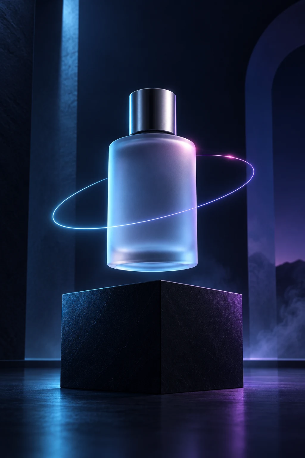 Frosted glass product with an orbiting light trail