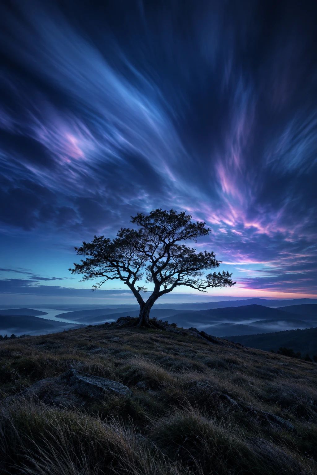 Lone tree beneath flowing blue-hour clouds